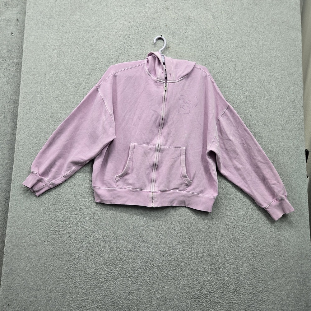 PINK Victoria's Secret Women Hoodie L Purple Embroidered Activewear Zipper Logo